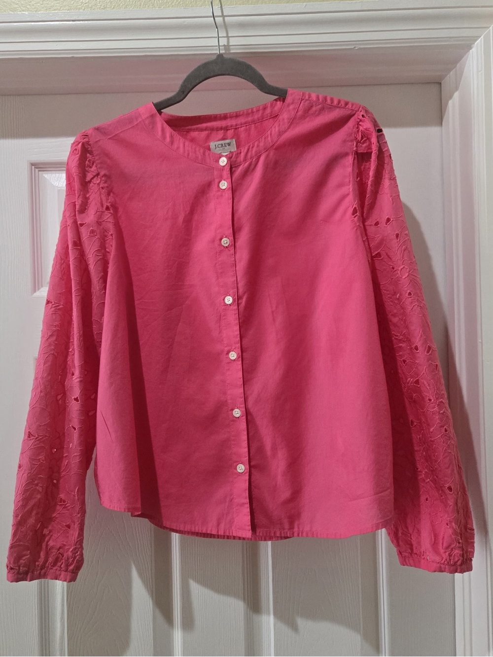 J. Crew Bright Pink Eyelet Sleeve Button-Down Shirt